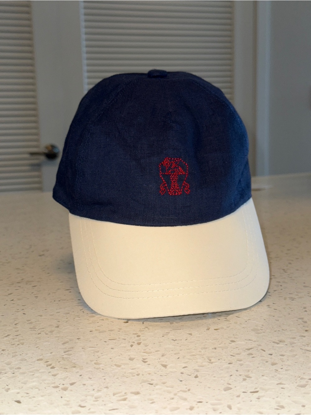 Brunello Cucinelli Navy and White Two-Tone Baseball Cap with Red Logo
